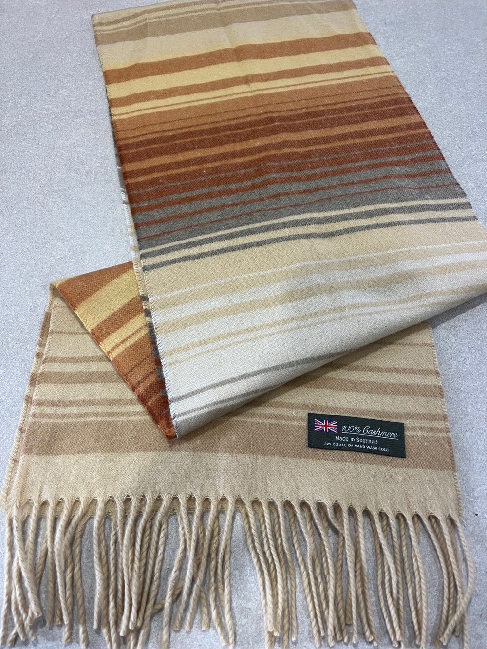 100% Cashmere Beige & Brown Striped Scarf - Made in Scotland
